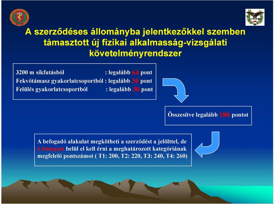 gyakorlatcsoportból : legalább 30 pont Összesítve legalább 180 pontot A befogadó alakulat megkötheti a szerződést