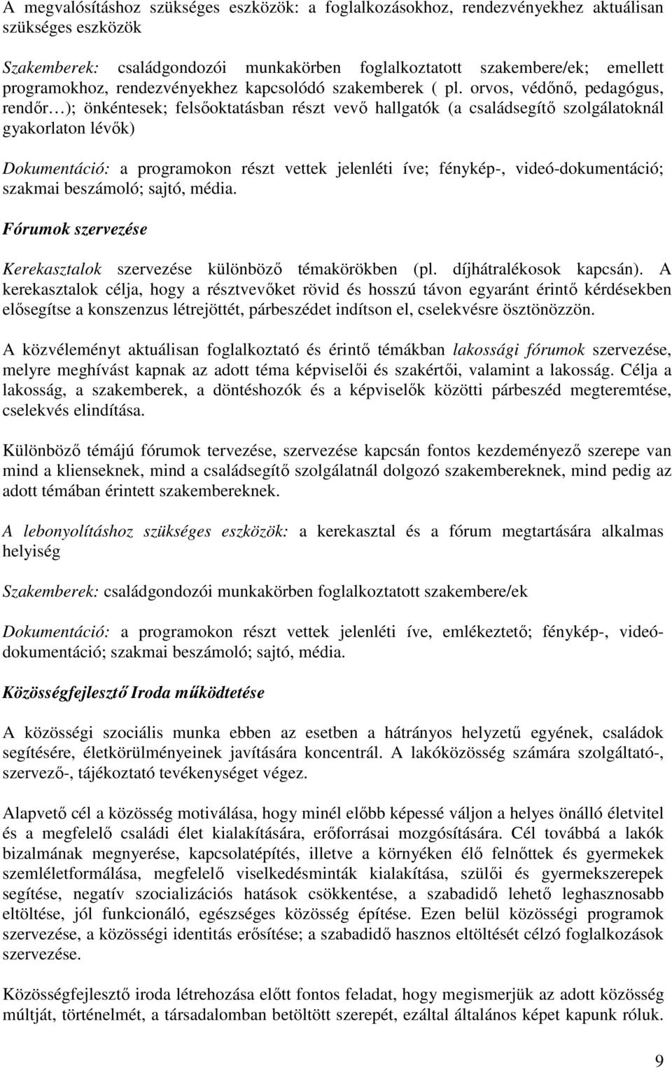 orvos, védőnő, pedagógus, rendőr ); önkéntesek; felsőoktatásban részt vevő hallgatók (a családsegítő szolgálatoknál gyakorlaton lévők) Dokumentáció: a programokon részt vettek jelenléti íve;