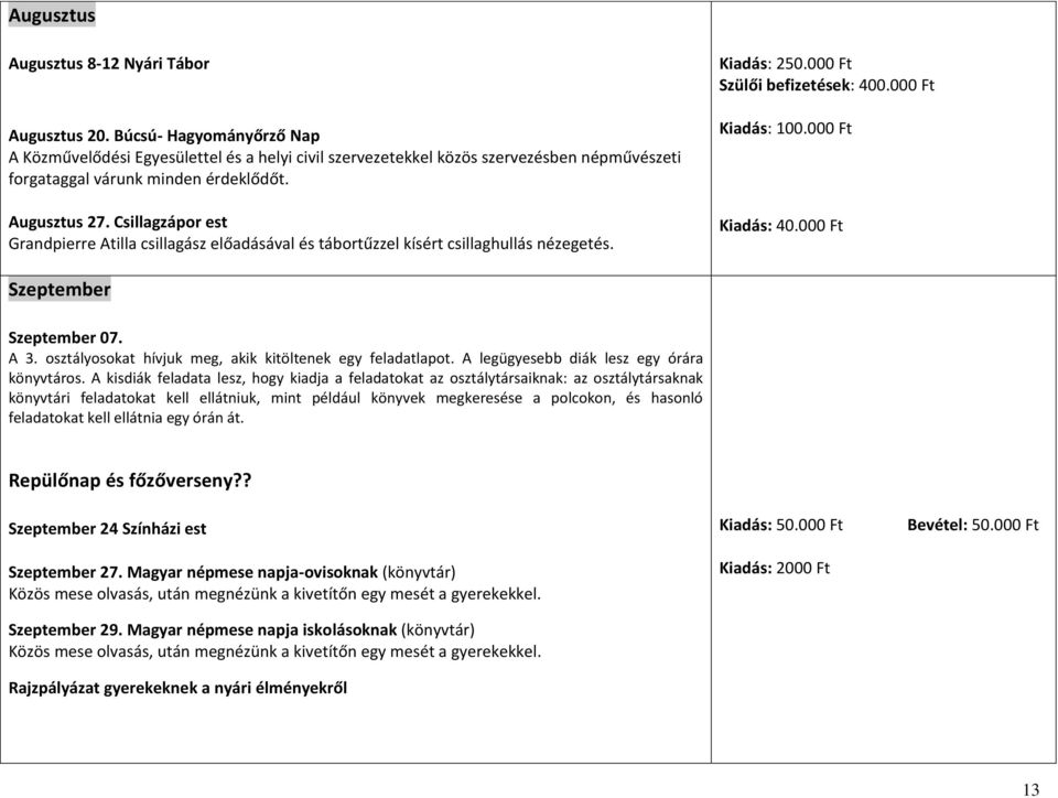 Csillagzápor est Grandpierre Atilla csillagász előadásával és tábortűzzel kísért csillaghullás nézegetés. Kiadás: 250.000 Ft Szülői befizetések: 400.000 Ft Kiadás: 100.000 Ft Kiadás: 40.