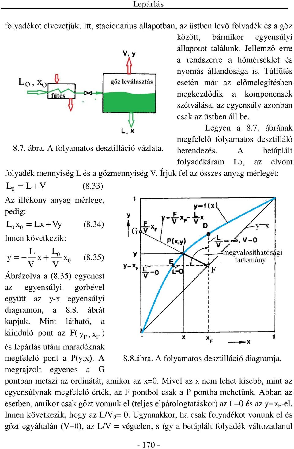 folamatos desztilláció vázlata. berendezés. betálált foladékáram o az elvont foladék menniség és a gőzmenniség V. Írjuk fel az összes anag mérlegét: V (8.33) z illékon anag mérlege edig: V (8.