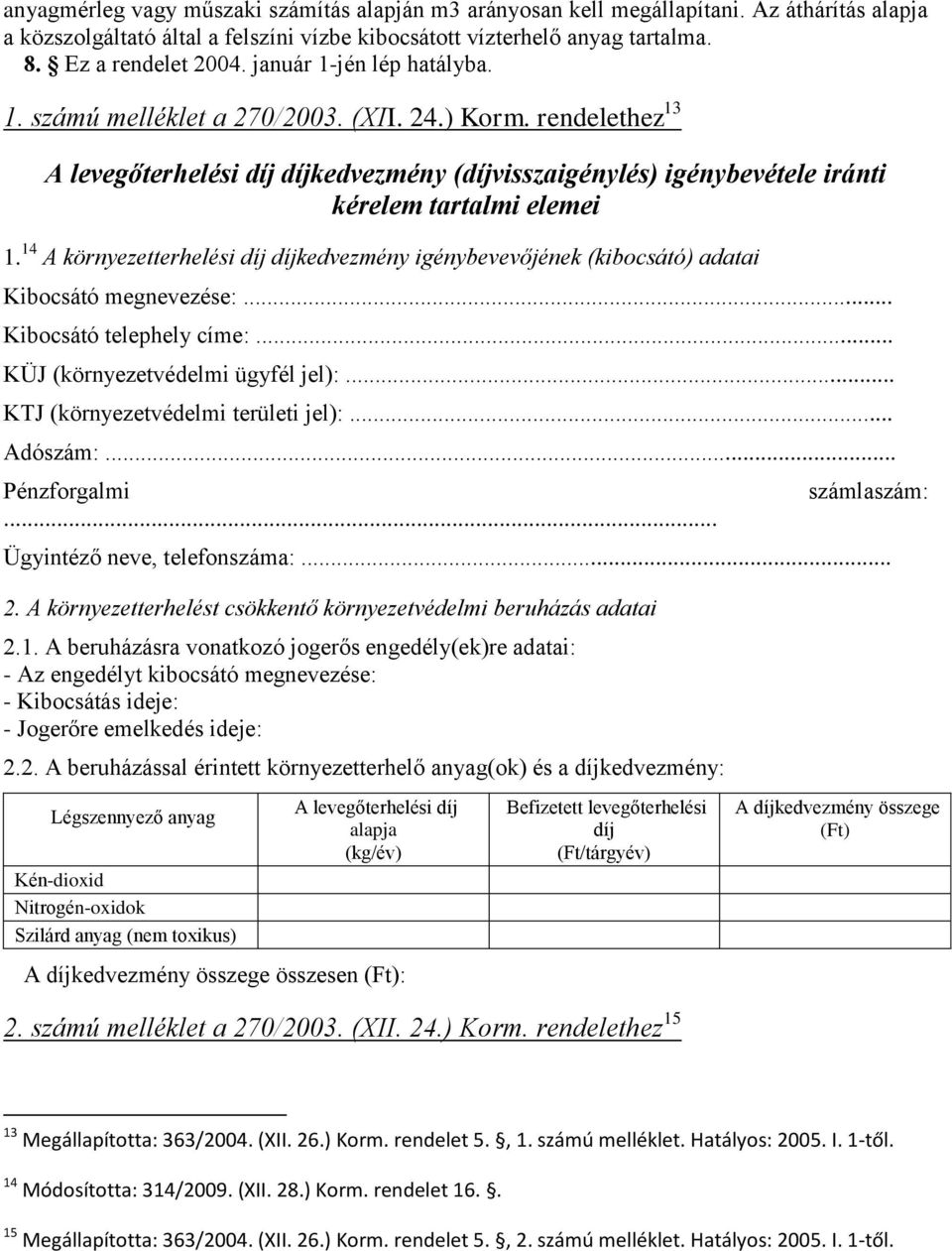 14 A környezetterhelési díj díjkedvezmény igénybevevőjének (kibocsátó) adatai Kibocsátó megnevezése:... Kibocsátó telephely címe:... 2.