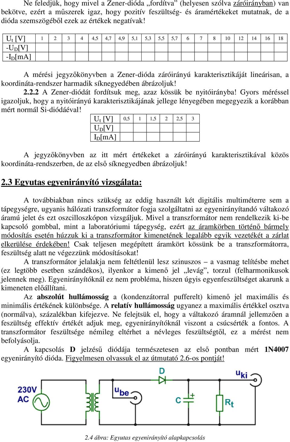 U t [V] 1 2 3 4 4,5 4,7 4,9 5,1 5,3 5,5 5,7 6 7 8 10 12 14 16 18 -U D [V] -I D [ma] A mérési jegyzőkönyvben a Zener-dióda záróirányú karakterisztikáját lineárisan, a koordináta-rendszer harmadik