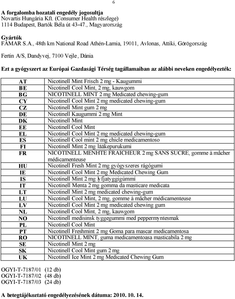 AR S.A., 48th km National Road Athén-Lamia, 19011, Avlonas, Attiki, Görögország Fertin A/S, Dandyvej, 7100 Vejle, Dánia Ezt a gyógyszert az Európai Gazdasági Térség tagállamaiban az alábbi neveken