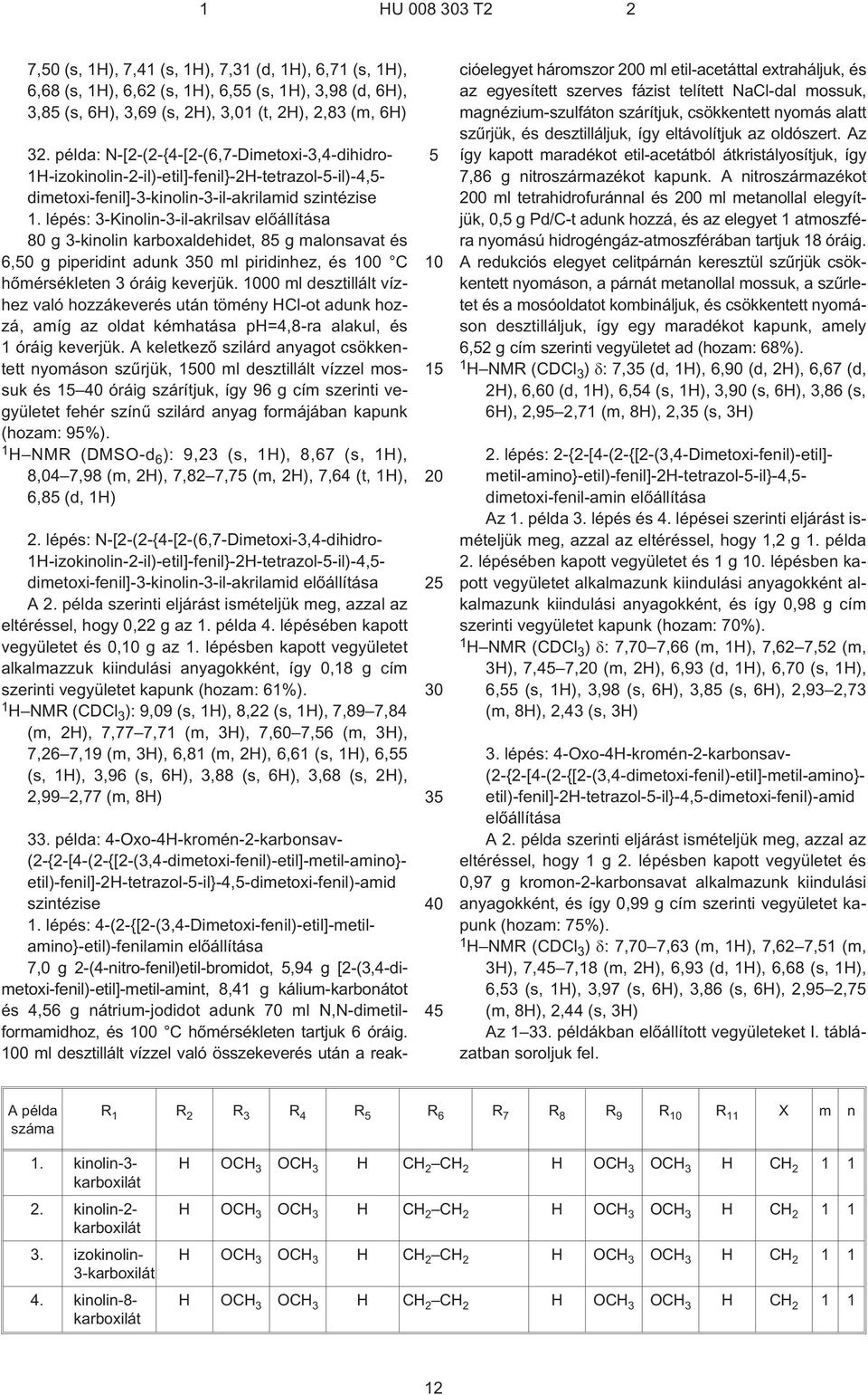 lépés: 3¹Kinolin-3-il-akrilsav 80 g 3¹kinolin karboxaldehidet, 8 g malonsavat és 6,0 g piperidint adunk ml piridinhez, és 0 C hõmérsékleten 3 óráig keverjük.