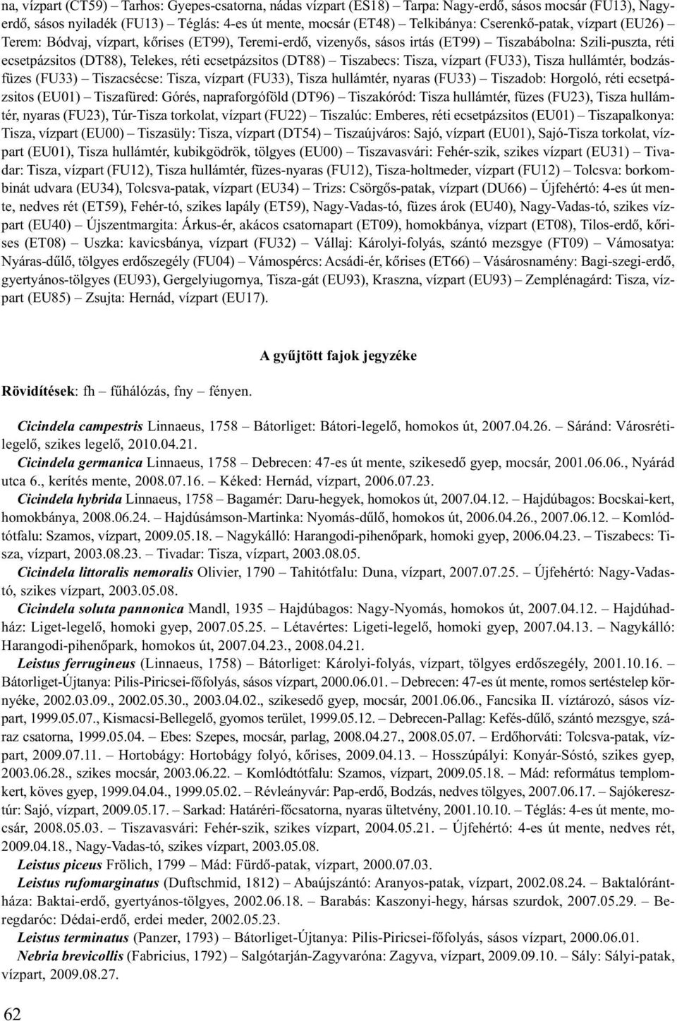 (DT88) Tiszabecs: Tisza, vízpart (FU33), Tisza hullámtér, bodzásfüzes (FU33) Tiszacsécse: Tisza, vízpart (FU33), Tisza hullámtér, nyaras (FU33) Tiszadob: Horgoló, réti ecsetpázsitos (EU01)