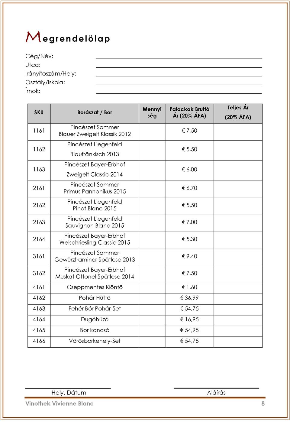 Blanc 2015 7,00 2164 Welschriesling Classic 2015 5,30 3161 Gewürztraminer Spätlese 2013 9,40 3162 Muskat Ottonel Spätlese 2014 7,50 4161 Cseppmentes Kiöntö 1,60