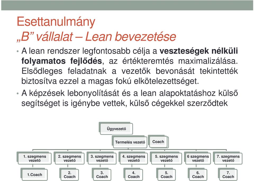 A képzések lebonyolítását és a lean alapoktatáshoz külső segítséget is igénybe vettek, külső cégekkel szerződtek Ügyvezető Termelés vezető Coach 1.