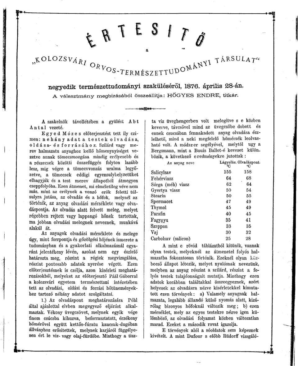 Szilárd vagy merev halmazatu anyaghoz kellő hőmenynyiséget vezetve annak tömecsmozgása mindig erélyesebb és a részecsek közötti összefüggés folyton lazább lesz, mig végre a tömecsvonzás uralma