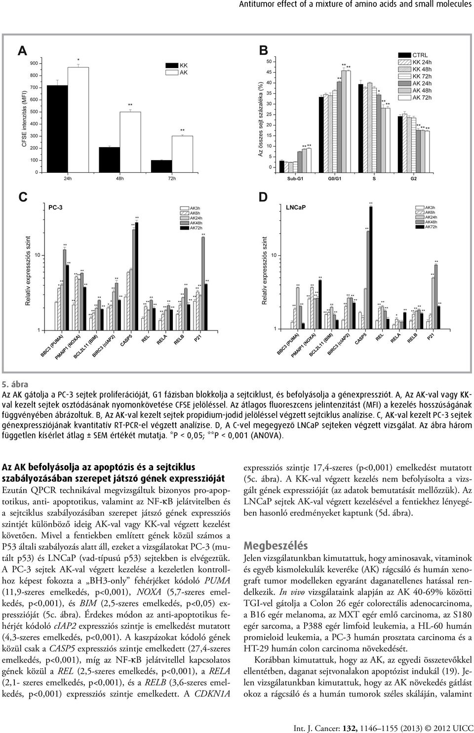 B, Az AK-val kezelt sejtek propidium-jodid jelöléssel végzett sejtciklus analízise. C, AK-val kezelt PC-3 sejtek génexpressziójának kvantitatív RT-PCR-el végzett analízise.