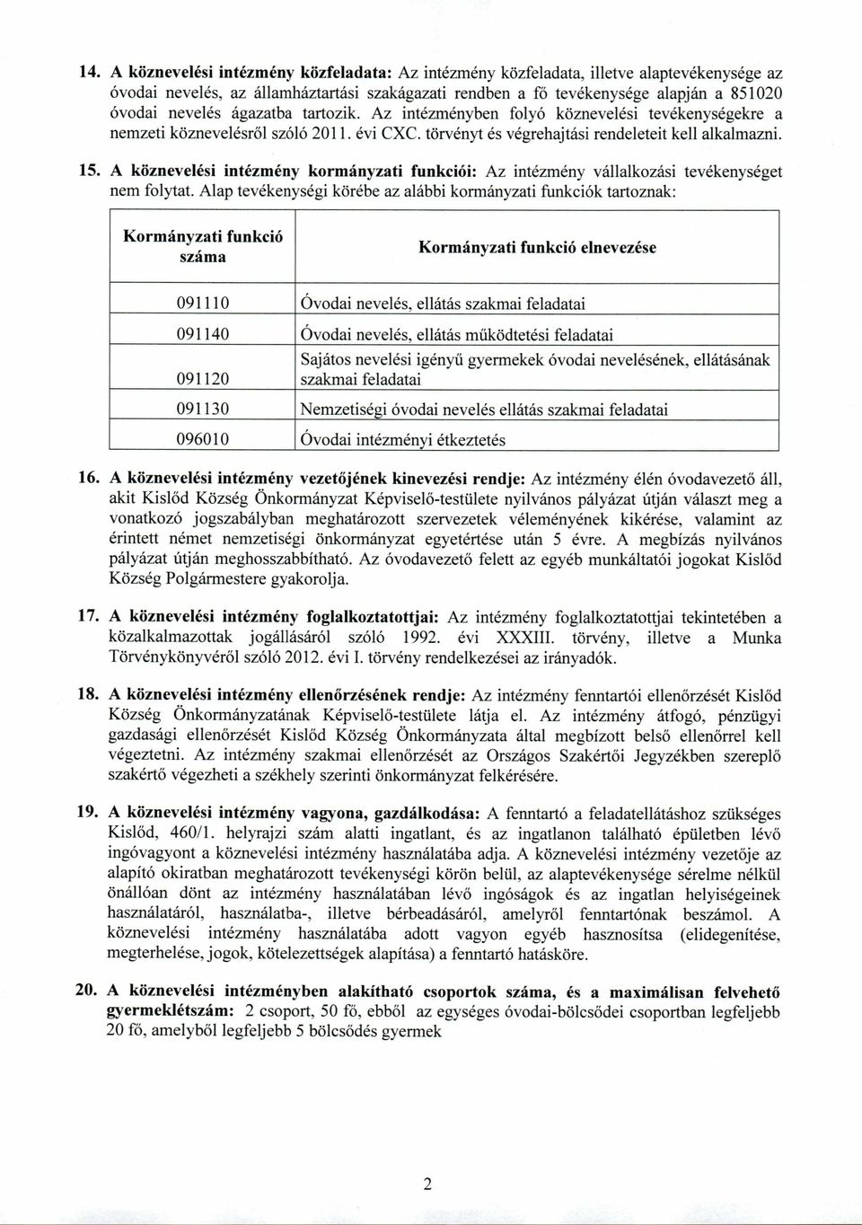 A köznevelési intézmény kormányzati funkciói: Az intézmény vállalkozási tevékenységet nem folytat.