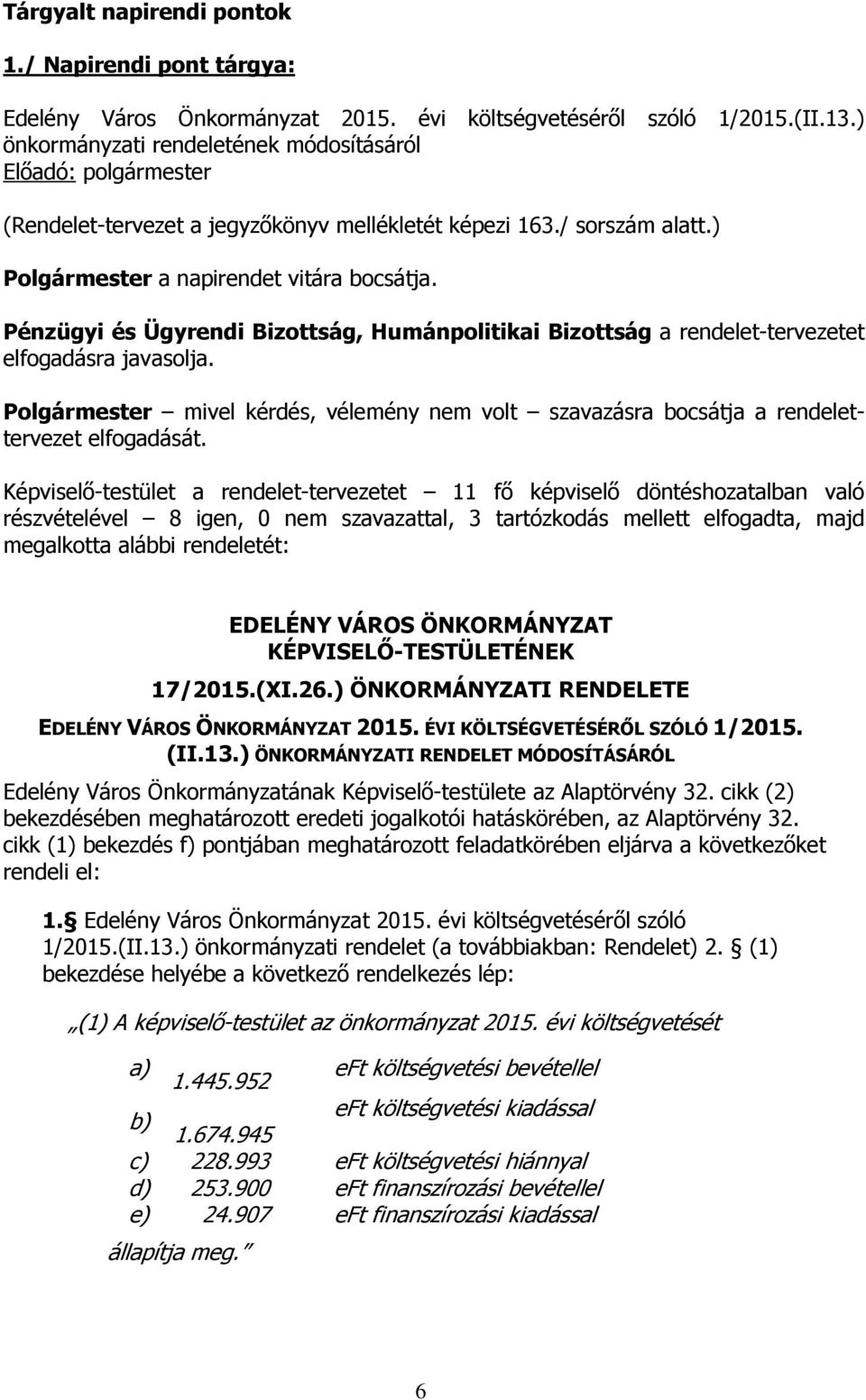 Pénzügyi és Ügyrendi Bizottság, Humánpolitikai Bizottság a rendelet-tervezetet elfogadásra javasolja. Polgármester mivel kérdés, vélemény nem volt szavazásra bocsátja a rendelettervezet elfogadását.