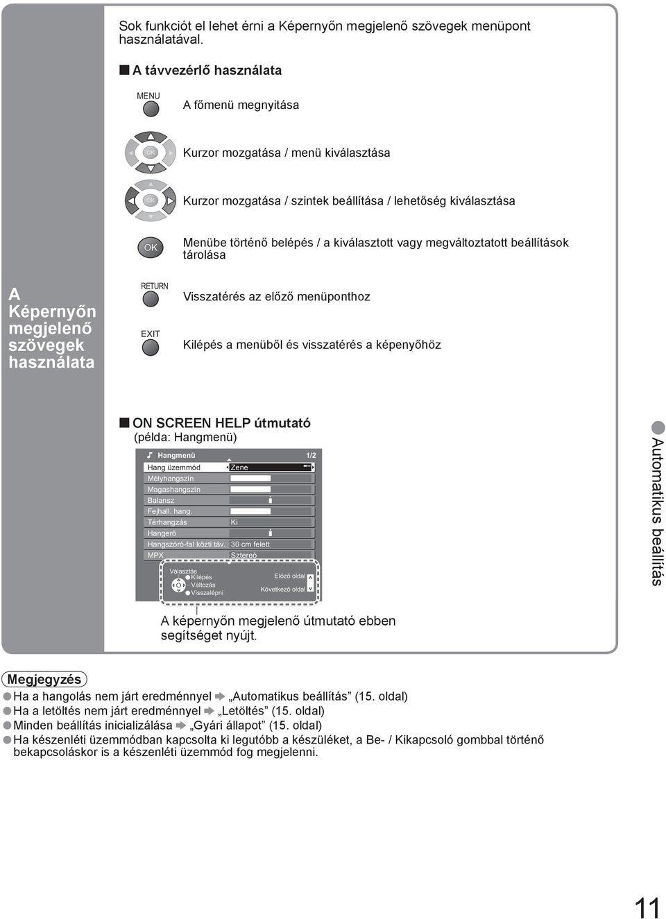 megváltoztatott beállítások tárolása A Képernyőn megjelenő szövegek használata RETURN EXIT Visszatérés az előző menüponthoz lépés a menüből és visszatérés a képenyőhöz ON SCREEN HELP útmutató (példa: