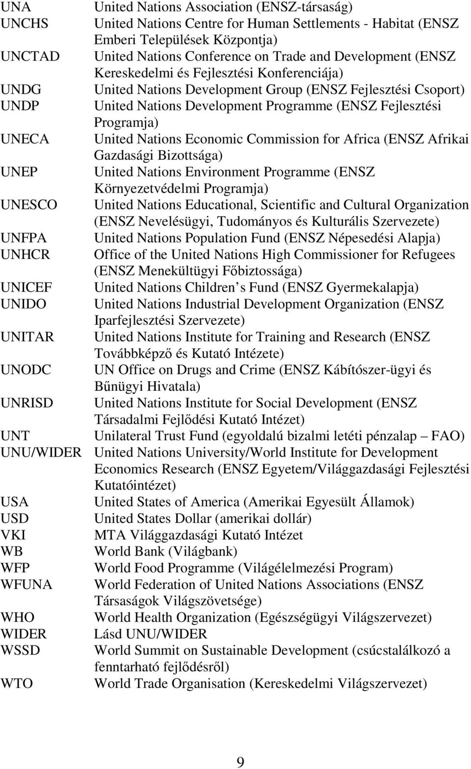 UNECA United Nations Economic Commission for Africa (ENSZ Afrikai Gazdasági Bizottsága) UNEP United Nations Environment Programme (ENSZ Környezetvédelmi Programja) UNESCO United Nations Educational,