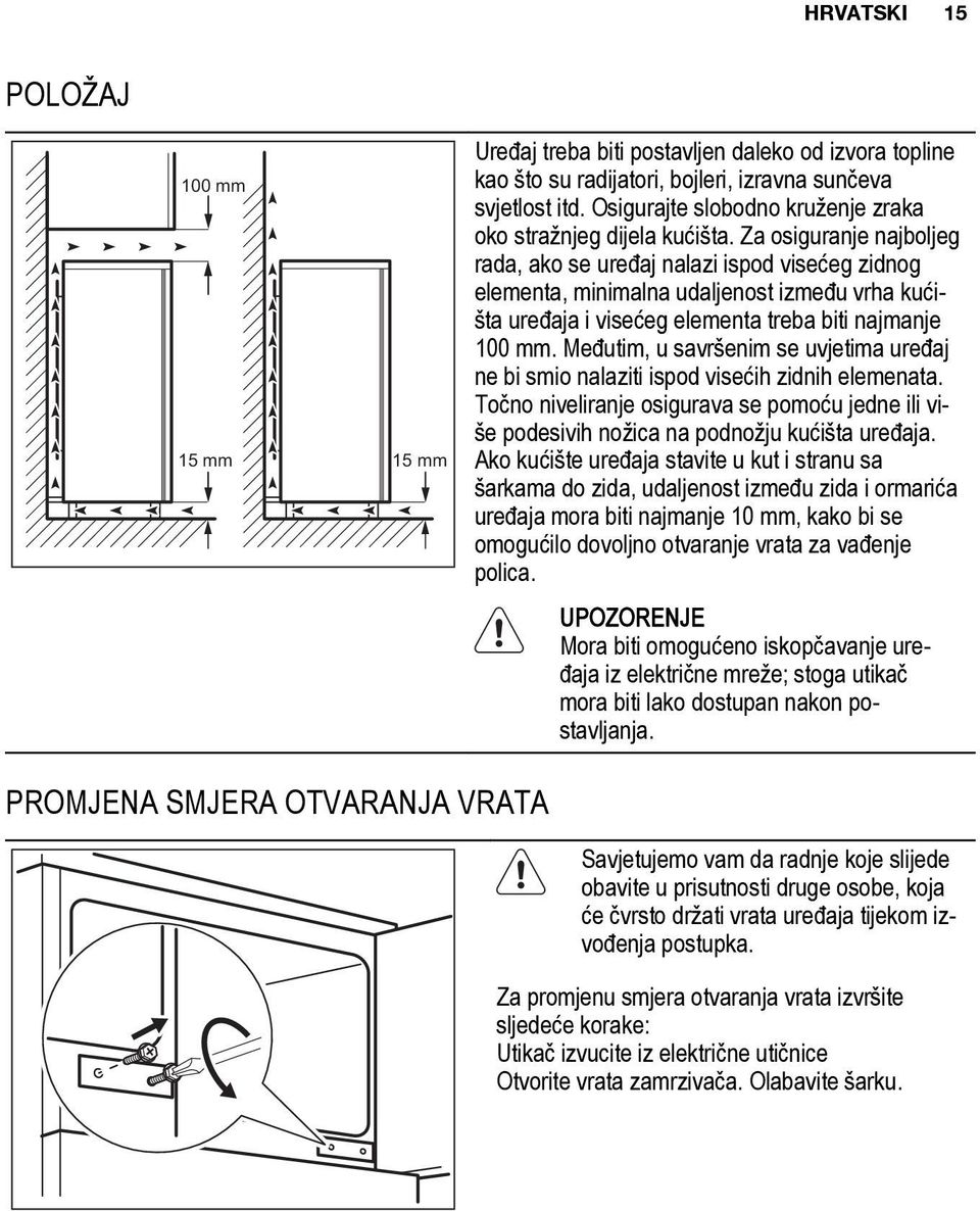 Za osiguranje najboljeg rada, ako se uređaj nalazi ispod visećeg zidnog elementa, minimalna udaljenost između vrha kućišta uređaja i visećeg elementa treba biti najmanje 100 mm.