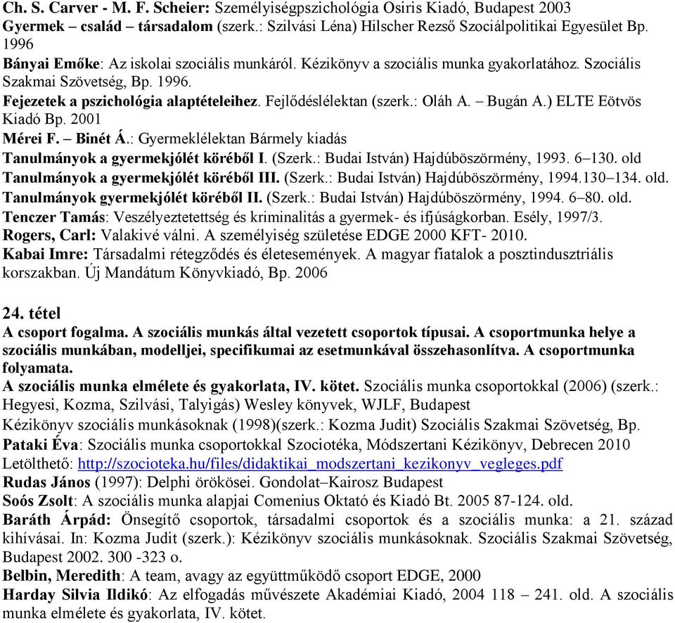 : Oláh A. Bugán A.) ELTE Eötvös Kiadó Bp. 2001 Mérei F. Binét Á.: Gyermeklélektan Bármely kiadás Tanulmányok a gyermekjólét köréből I. (Szerk.: Budai István) Hajdúböszörmény, 1993. 6 130.