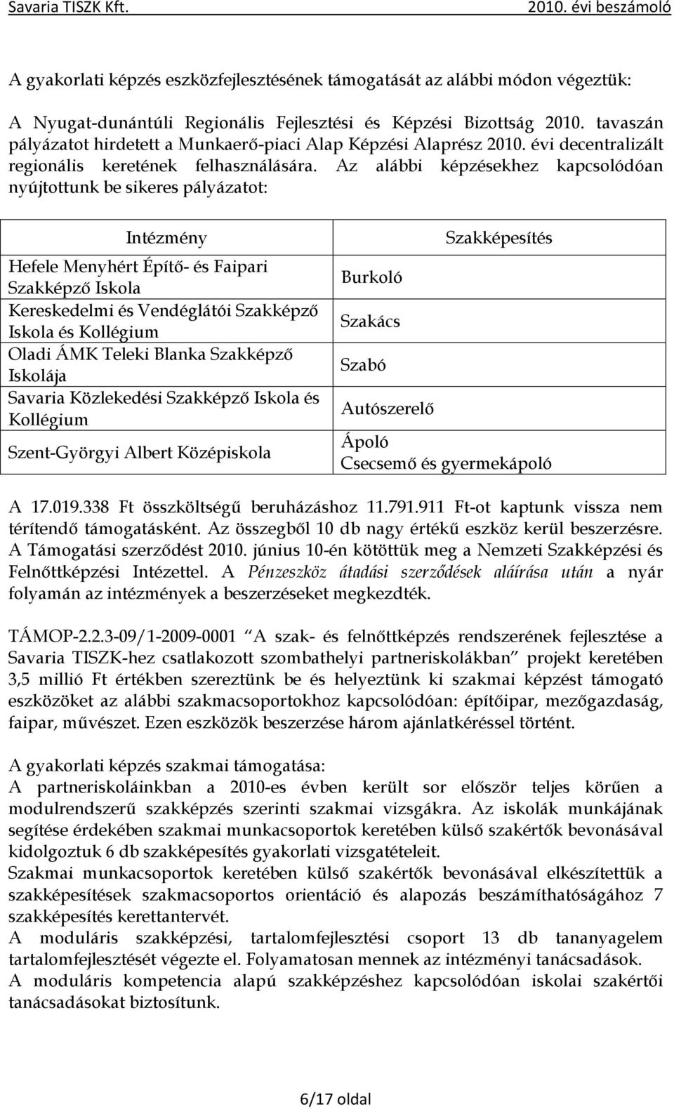 Az alábbi képzésekhez kapcsolódóan nyújtottunk be sikeres pályázatot: Intézmény Hefele Menyhért Építő- és Faipari Szakképző Iskola Kereskedelmi és Vendéglátói Szakképző Iskola és Kollégium Oladi ÁMK