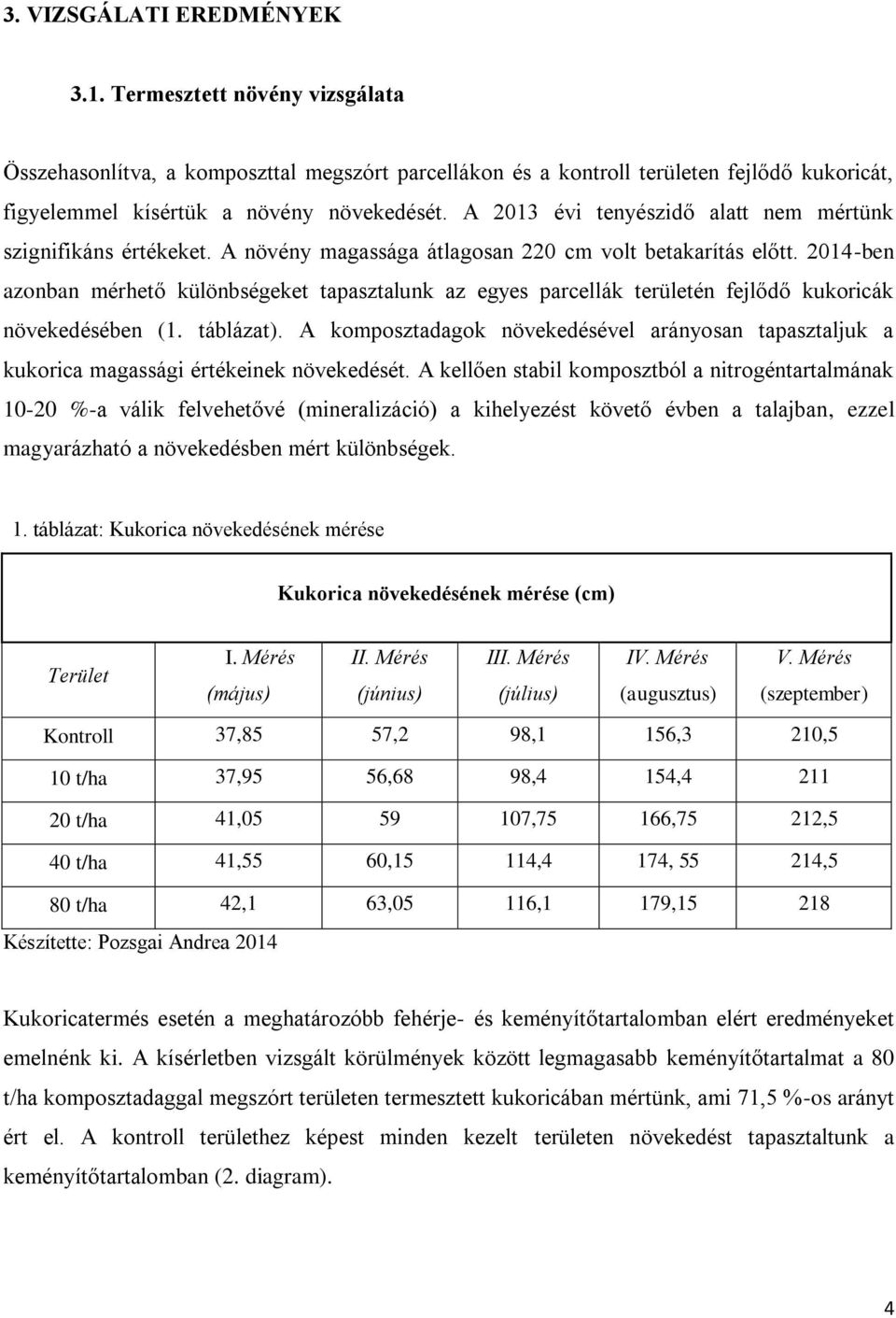 2014-ben azonban mérhető különbségeket tapasztalunk az egyes parcellák területén fejlődő kukoricák növekedésében (1. táblázat).