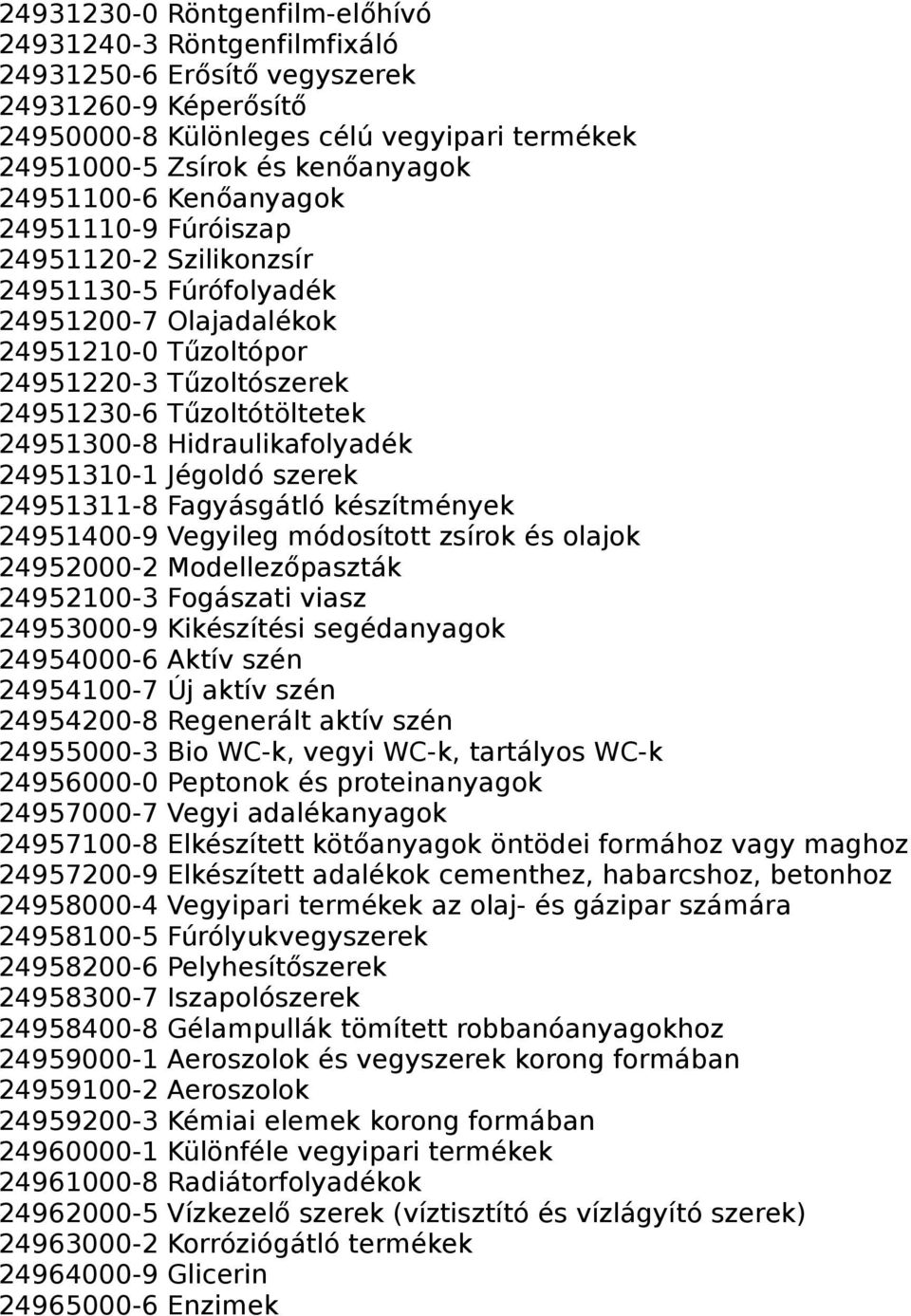 24951300-8 Hidraulikafolyadék 24951310-1 Jégoldó szerek 24951311-8 Fagyásgátló készítmények 24951400-9 Vegyileg módosított zsírok és olajok 24952000-2 Modellezőpaszták 24952100-3 Fogászati viasz