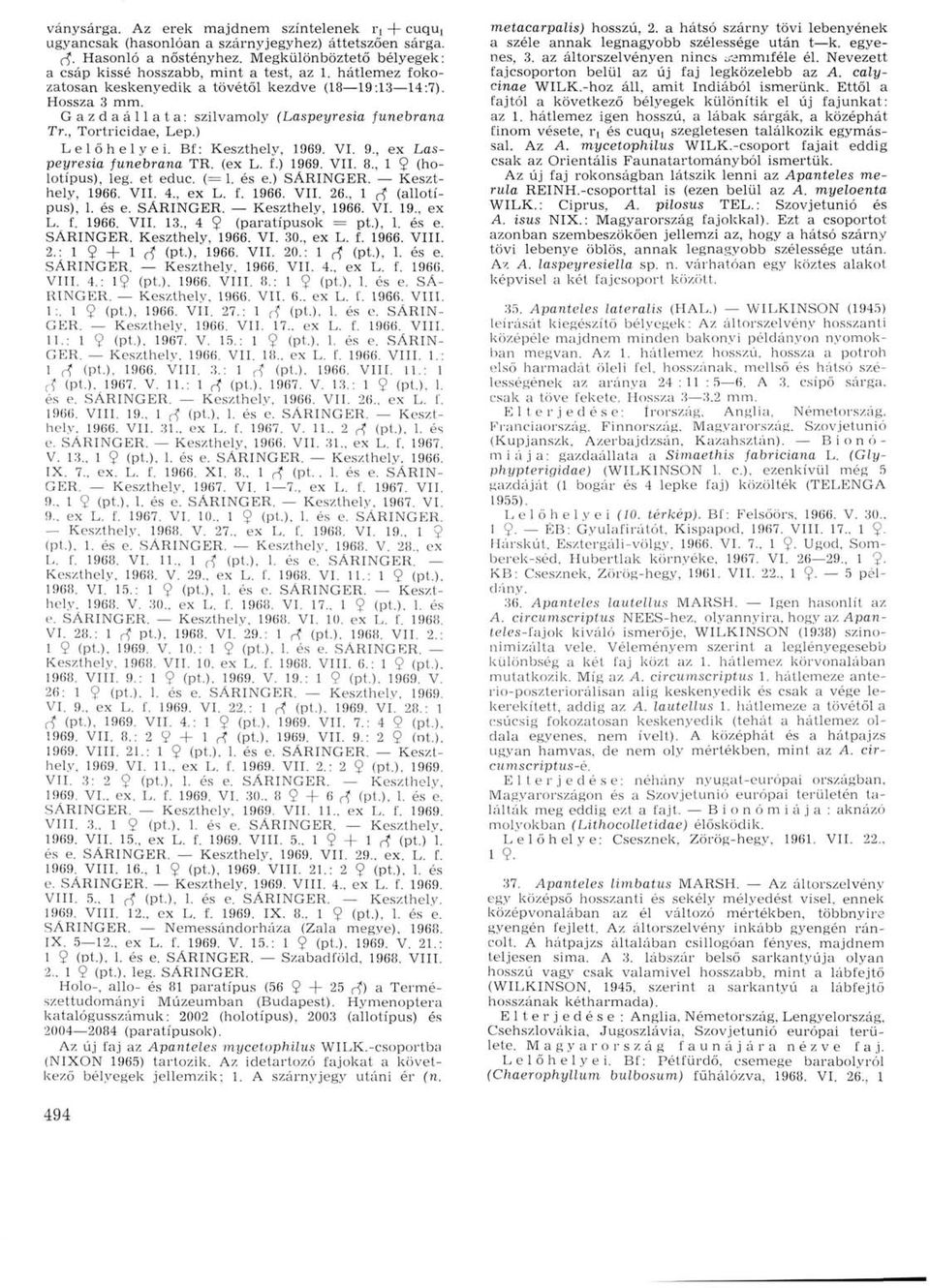, Tortricidae, Lep.) Lelőhelyei. Bf: Keszthely, 1969. VI. 9., ex Laspeyresia funebrana TR. (ex L. f.) 1969. VII. 8., 1 9 (holotípus), leg. et educ. (= 1. és e.) SÁRINGER. Keszthely, 1966. VII. 4.