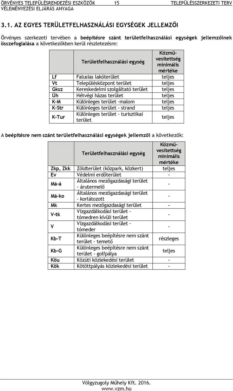 AZ EGYES TERÜLETFELHASZNÁLÁSI EGYSÉGEK JELLEMZŐI Örvényes szerkezeti tervében a beépítésre szánt területfelhasználási egységek jellemzőinek összefoglalása a következőkben kerül részletezésre: