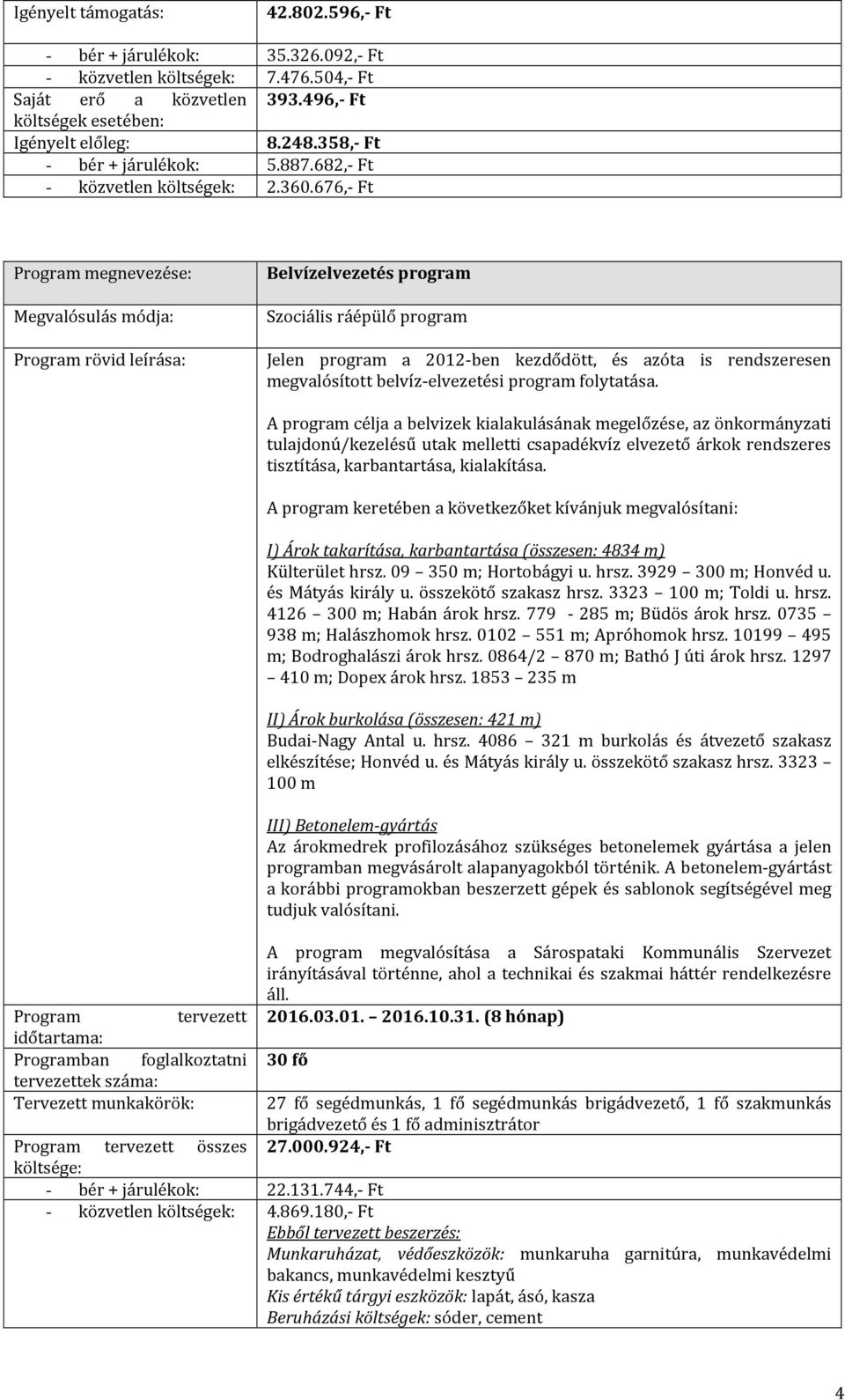 676,- Ft megnevezése: Belvízelvezetés program Szociális ráépülő program rövid leírása: Jelen program a 2012-ben kezdődött, és azóta is rendszeresen megvalósított belvíz-elvezetési program folytatása.