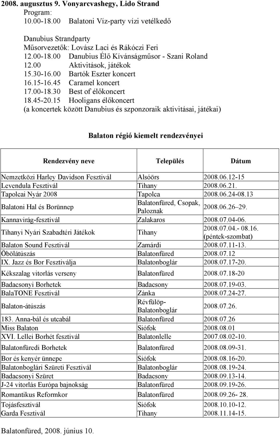 Tapolcai Nyár 2008 Tapolca 2008.06.24-08.13 Balatoni Hal és Borünnep Balatonfüred, Csopak, 2008.06.26 29. Paloznak Kannavirág-fesztivál Zalakaros 2008.07.04-06.