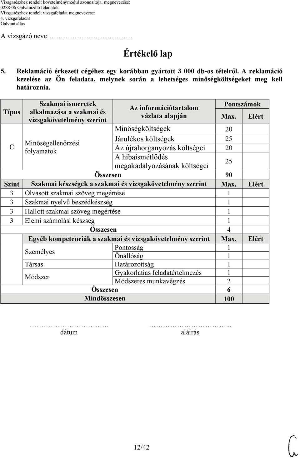 Típus C Szakmai ismeretek alkalmazása a szakmai és vizsgakövetelmény szerint Minőségellenőrzési folyamatok Az információtartalom vázlata alapján Pontszámok Max.