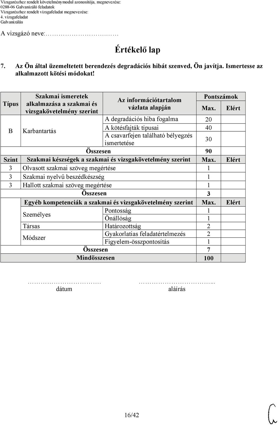 A degradációs hiba fogalma 20 A kötésfajták típusai 40 A csavarfejen található bélyegzés 30 Elért ismertetése Összesen 90 Szint Szakmai készségek a szakmai és vizsgakövetelmény szerint Max.