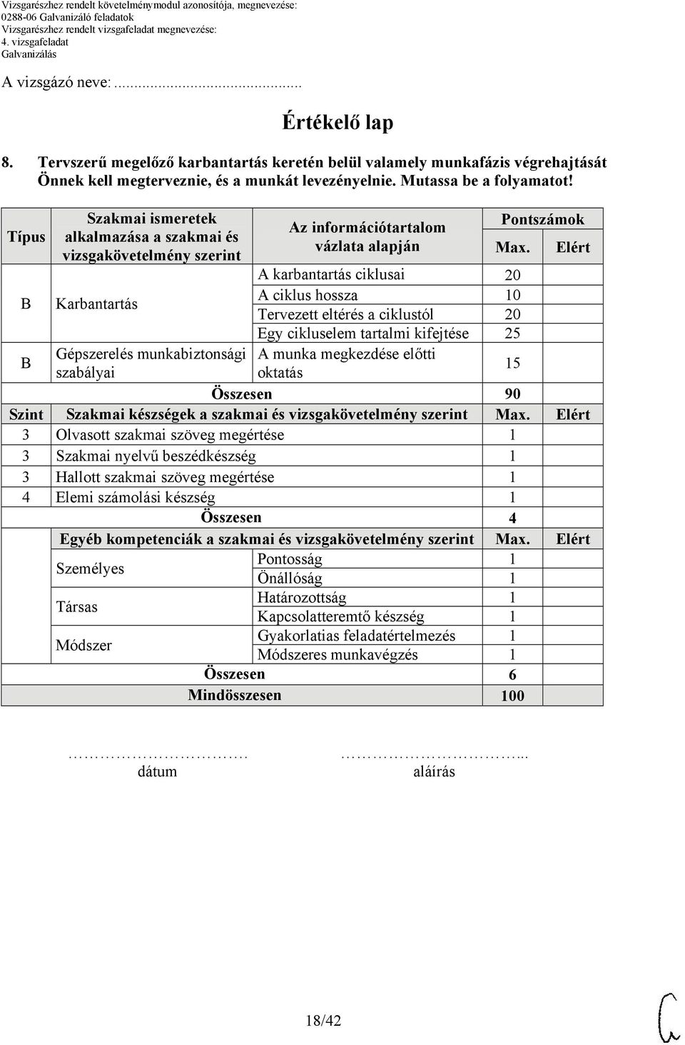 A karbantartás ciklusai 20 A ciklus hossza 10 Tervezett eltérés a ciklustól 20 Egy cikluselem tartalmi kifejtése 25 A munka megkezdése előtti oktatás 15 Elért B Gépszerelés munkabiztonsági szabályai