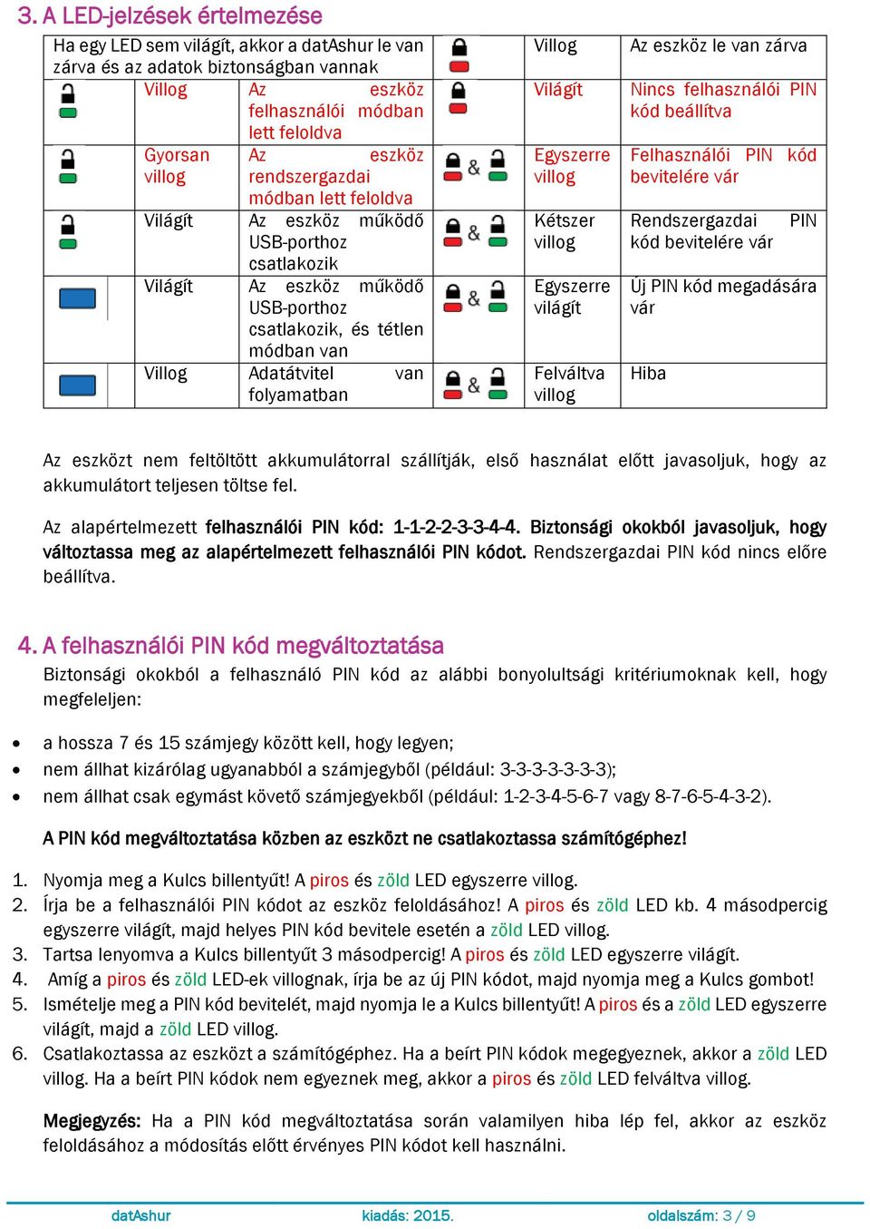 Egyszerre villog Kétszer villog Egyszerre világít Felváltva villog Az eszköz le van zárva Nincs felhasználói PIN kód beállítva Felhasználói PIN kód bevitelére vár Rendszergazdai kód bevitelére vár