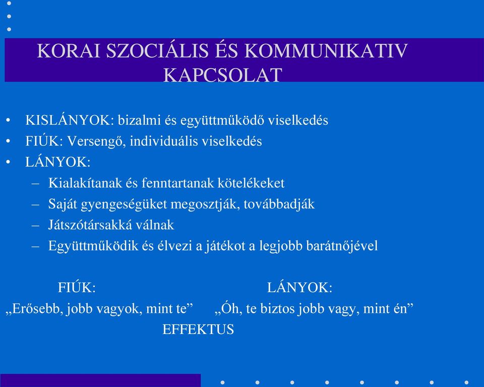 gyengeségüket megosztják, továbbadják Játszótársakká válnak Együttműködik és élvezi a játékot a