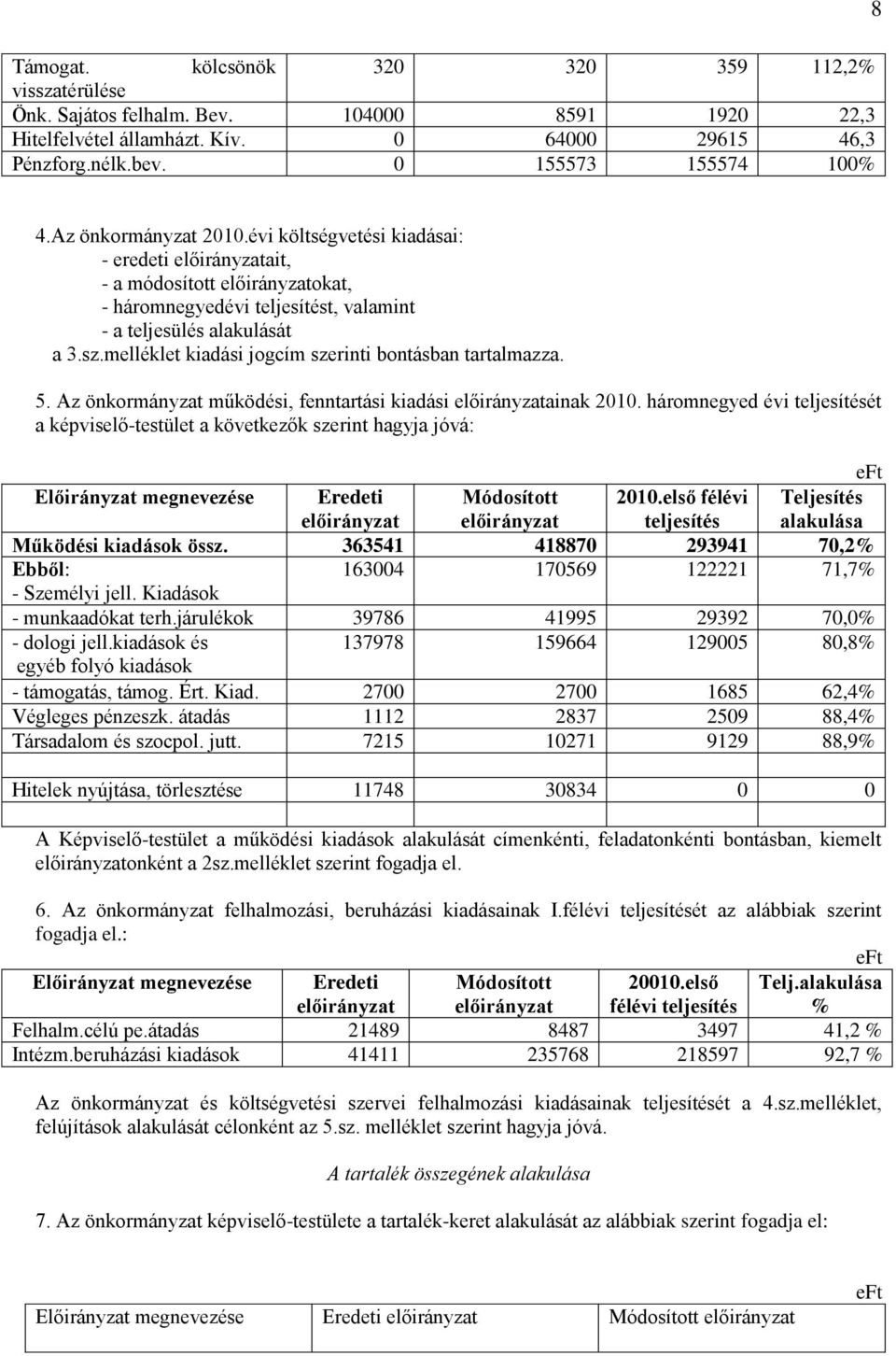 melléklet kiadási jogcím szerinti bontásban tartalmazza. 5. Az önkormányzat működési, fenntartási kiadási előirányzatainak 2010.