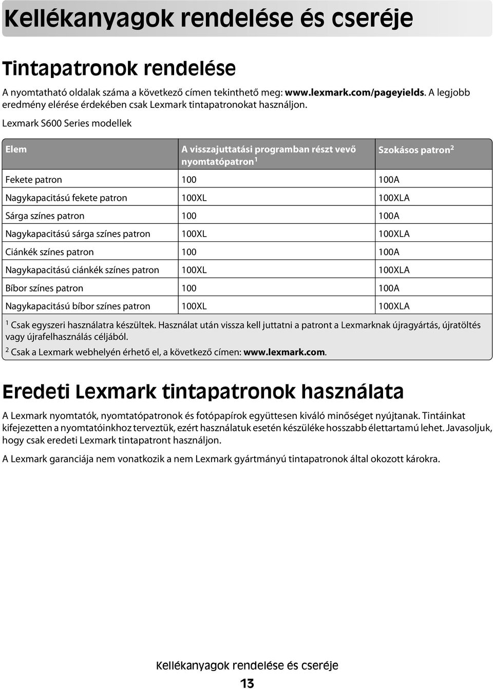 Lexmark S600 Series modellek Elem A visszajuttatási programban részt vevő nyomtatópatron 1 Szokásos patron 2 Fekete patron 100 100A Nagykapacitású fekete patron 100XL 100XLA Sárga színes patron 100
