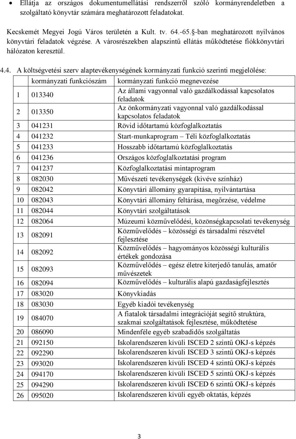 4. A költségvetési szerv alaptevékenységének kormányzati funkció szerinti megjelölése: kormányzati funkciószám kormányzati funkció megnevezése 1 013340 Az állami vagyonnal való gazdálkodással