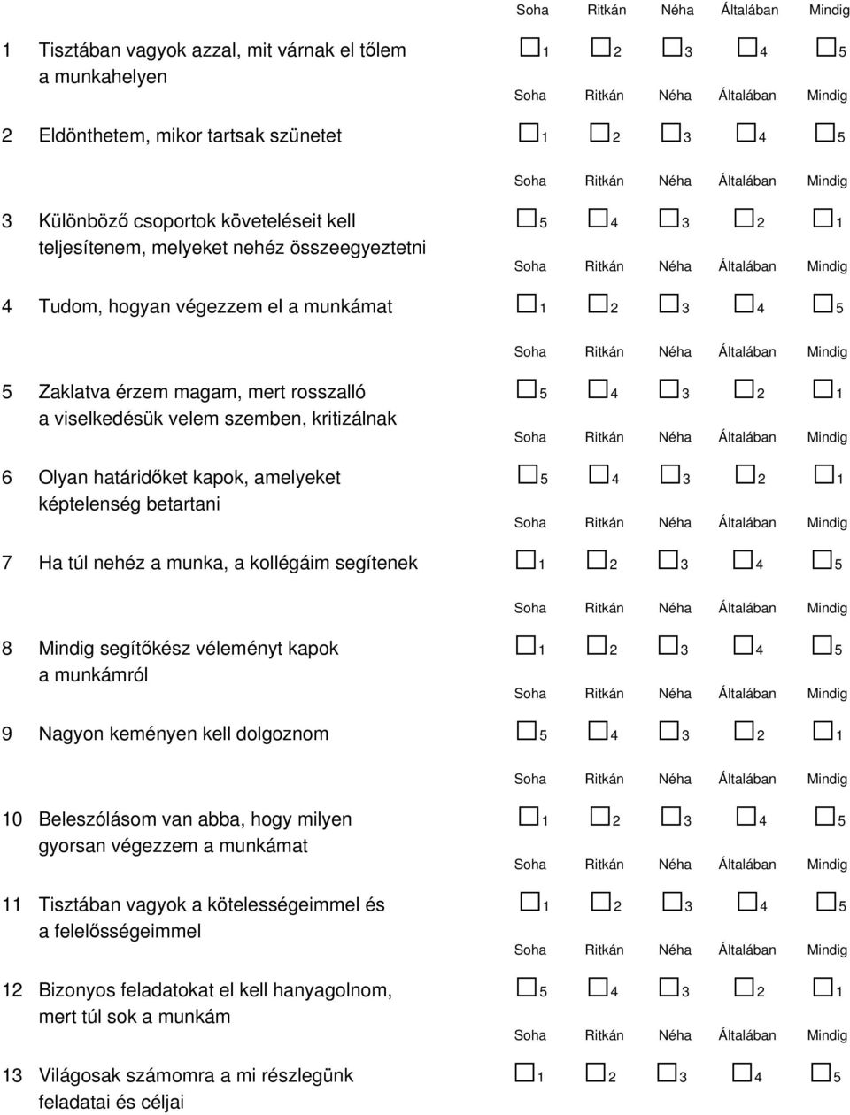 2 1 képtelenség betartani 7 Ha túl nehéz a munka, a kollégáim segítenek 1 2 3 4 5 8 Mindig segítőkész véleményt kapok 1 2 3 4 5 a munkámról 9 Nagyon keményen kell dolgoznom 5 4 3 2 1 10 Beleszólásom