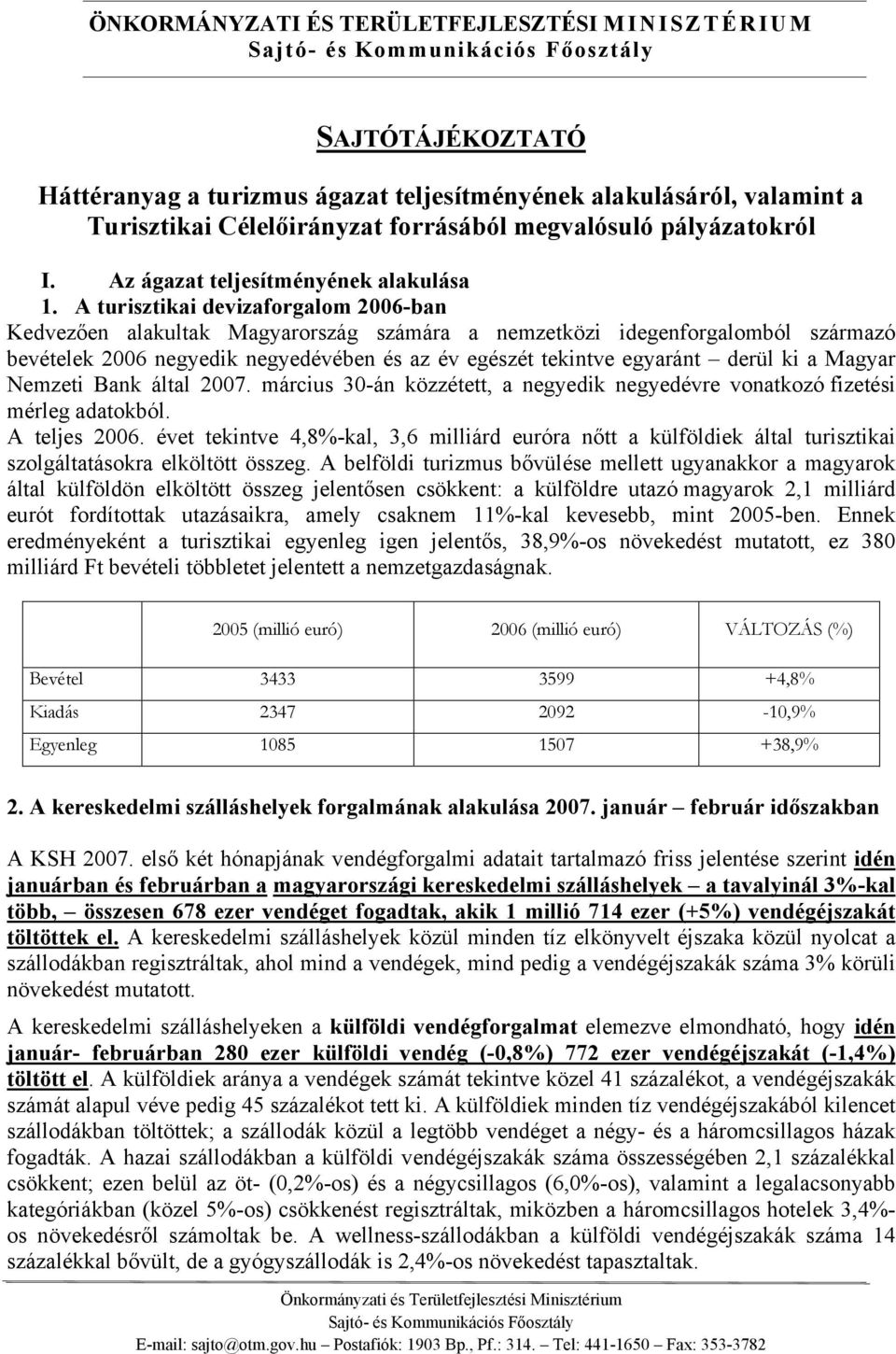 a Magyar Nemzeti Bank által 2007. március 30-án közzétett, a negyedik negyedévre vonatkozó fizetési mérleg adatokból. A teljes 2006.