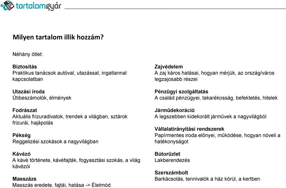 hajápolás Pékség Reggelizési szokások a nagyvilágban Kávézó A kávé története, kávéfajták, fogyasztási szokás, a világ kávézói Masszázs Masszás eredete, fajtái, hatása -> Életmód Zajvédelem A zaj