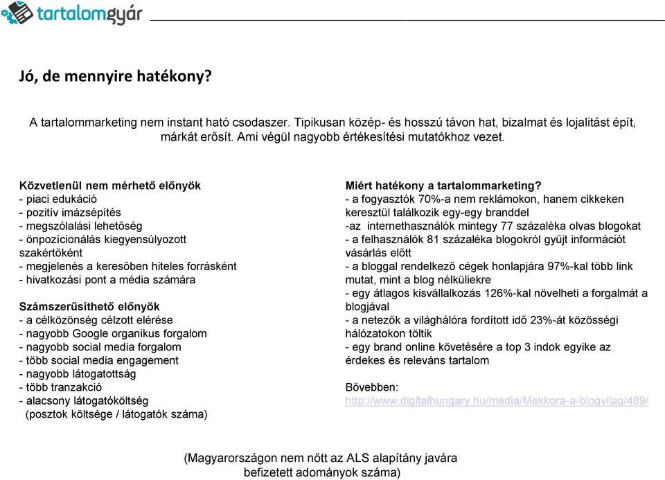 Közvetlenül nem mérhető előnyök - piaci edukáció - pozitív imázsépítés - megszólalási lehetőség - önpozícionálás kiegyensúlyozott szakértőként - megjelenés a keresőben hiteles forrásként -