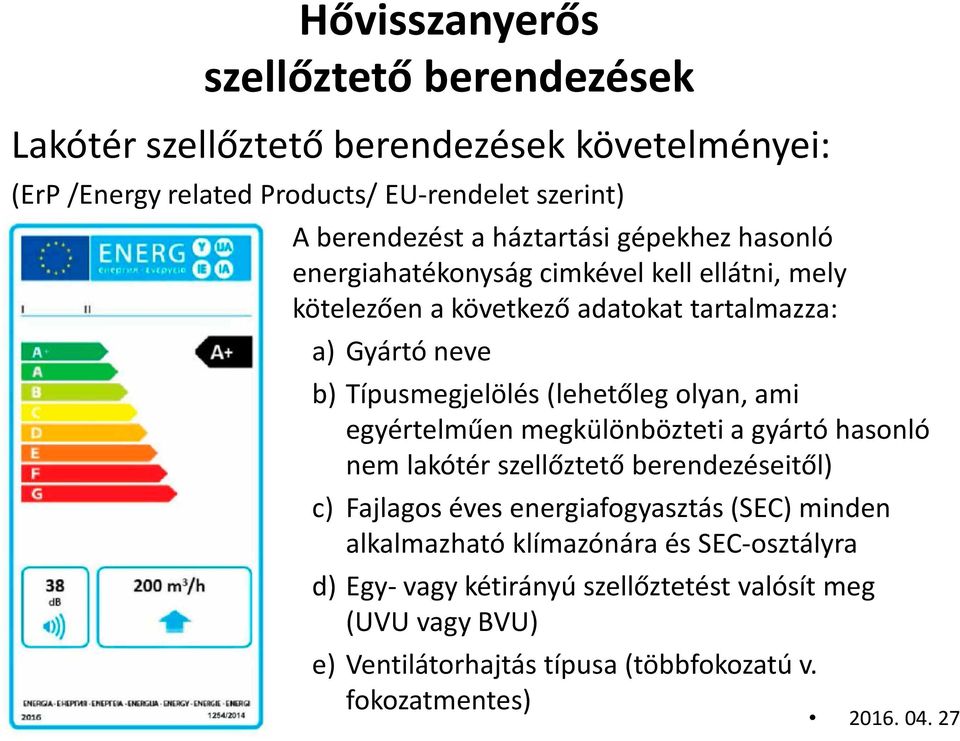 megkülönbözteti a gyártó hasonló nem lakótér szellőztető berendezéseitől) c) Fajlagos éves energiafogyasztás (SEC) minden alkalmazható