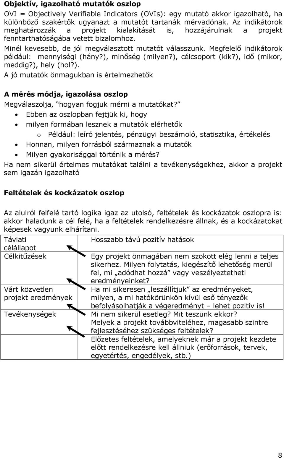 Megfelelő indikátorok például: mennyiségi (hány?), minőség (milyen?), célcsoport (kik?), idő (mikor, meddig?), hely (hol?). A jó mutatók önmagukban is értelmezhetők A mérés módja, igazolása oszlop Megválaszolja, hogyan fogjuk mérni a mutatókat?