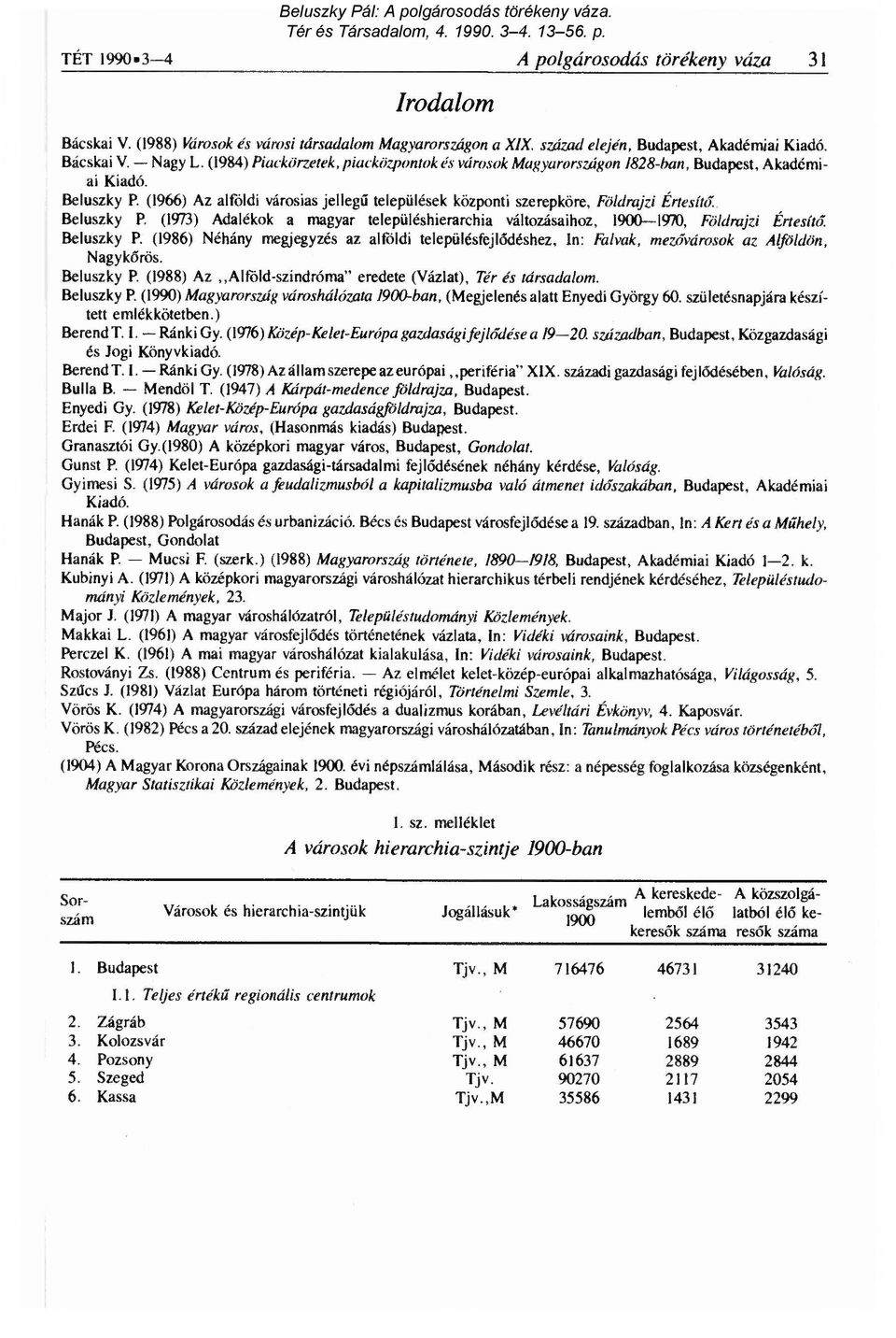 (1966) Az alföldi városias jelleg ű települések központi szerepköre, Földrajzi Értesíti): Beluszky P. (1973) Adalékok a magyar településhierarchia változásaihoz, 1900-1970, Földrajzi Értesítő.