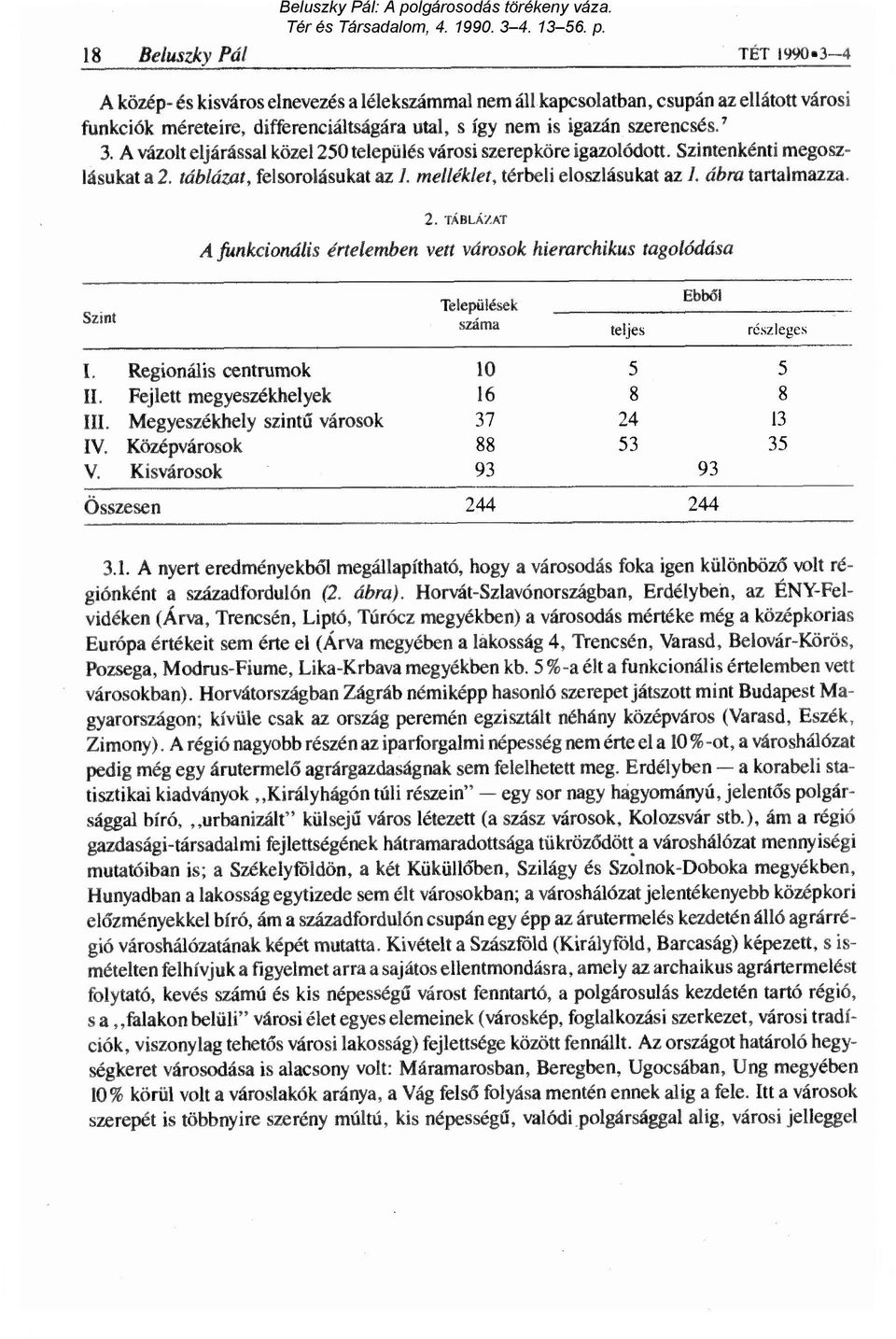 Regionális centrumok 10 5 5 II. Fejlett megyeszékhelyek 16 8 8 III. Megyeszékhely szint ű városok 37 24 13 IV. Középvárosok 88 53 35 V. Kisvárosok 93 93 Összesen 244 244 3.1. A nyert eredményekb ől megállapítható, hogy a városodás foka igen különböz ő volt régiónként a századfordulón (2.