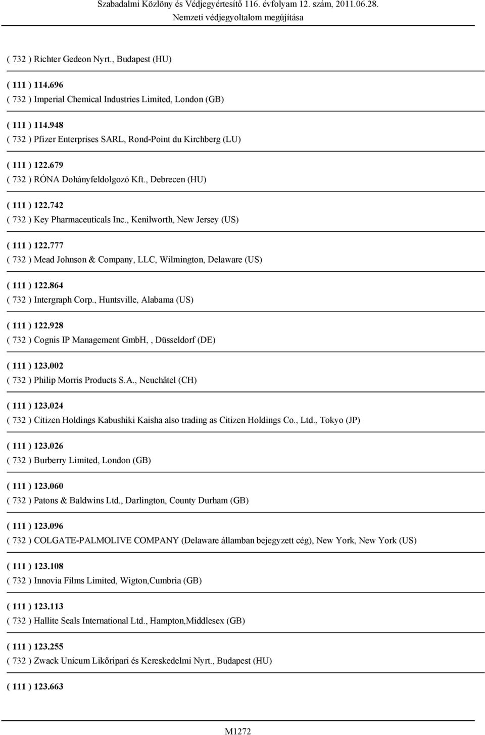 , Kenilworth, New Jersey (US) ( 111 ) 122.777 ( 732 ) Mead Johnson & Company, LLC, Wilmington, Delaware (US) ( 111 ) 122.864 ( 732 ) Intergraph Corp., Huntsville, Alabama (US) ( 111 ) 122.