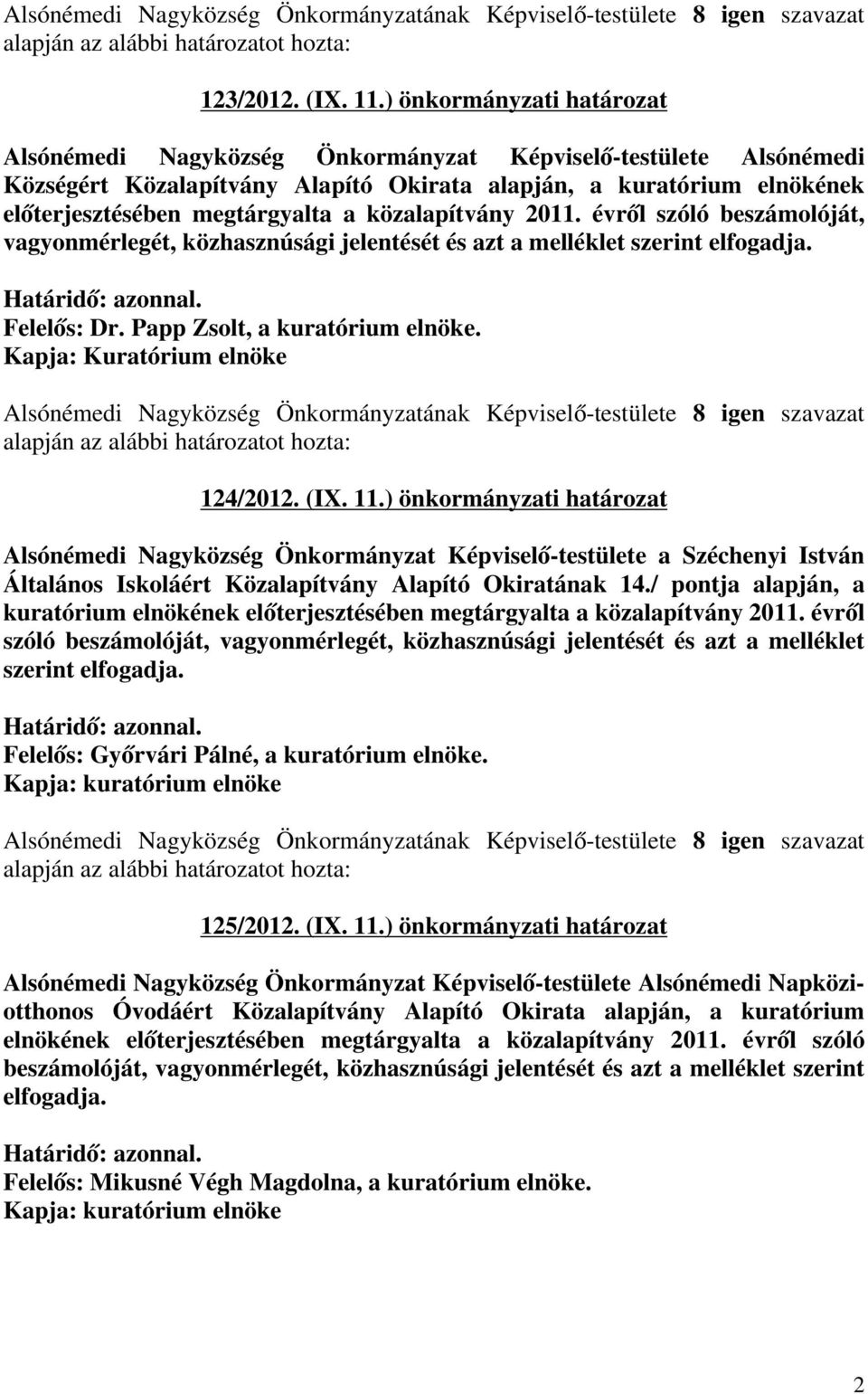 közalapítvány 2011. évről szóló beszámolóját, vagyonmérlegét, közhasznúsági jelentését és azt a melléklet szerint elfogadja.. Felelős: Dr. Papp Zsolt, a kuratórium elnöke.