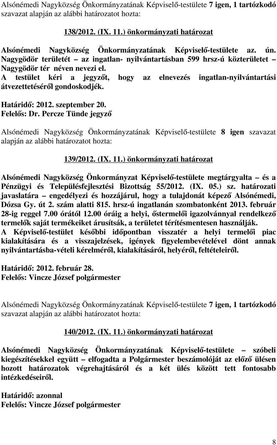 A testület kéri a jegyzőt, hogy az elnevezés ingatlan-nyilvántartási átvezettetéséről gondoskodjék. Határidő: 2012. szeptember 20. Felelős: Dr. Percze Tünde jegyző 139/2012. (IX. 11.