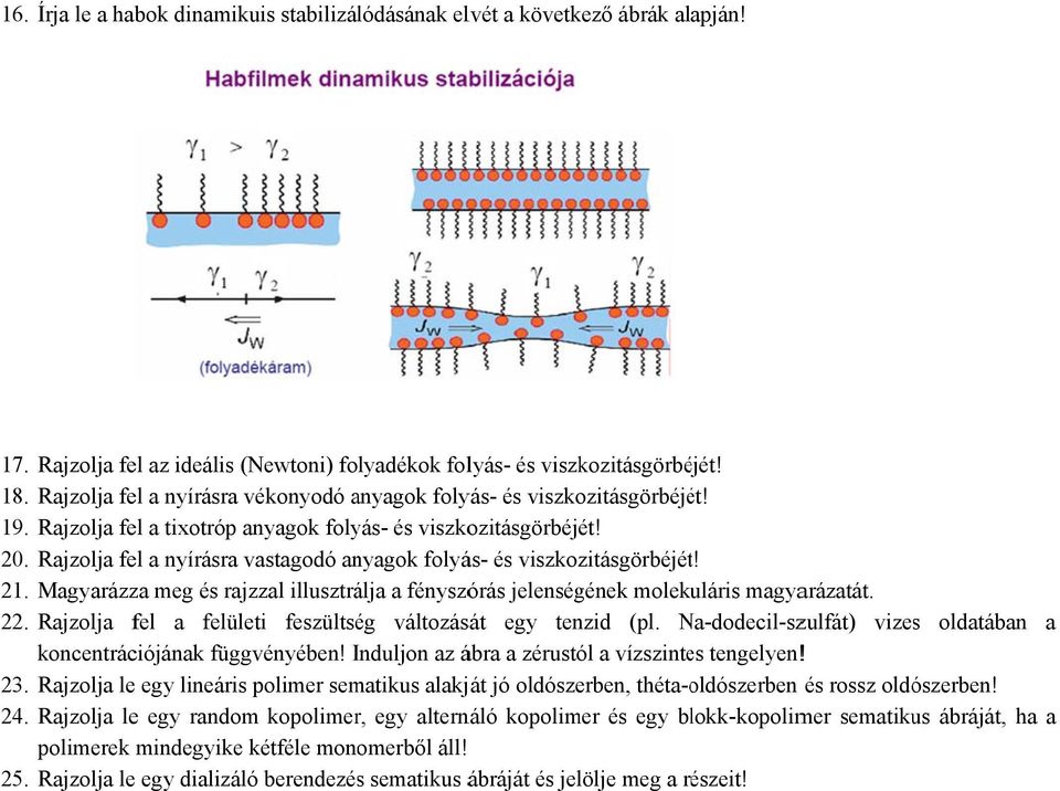 Rajzolja fel a nyírásra vastagodó anyagok folyás- és viszkozitásgörbéjét! 21. Magyarázza meg és rajzzal illusztrálja a fényszórás jelenségének molekuláris magyarázatát. 22.