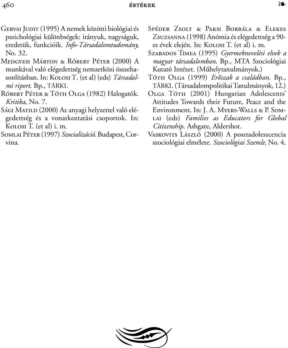 Kritika, No. 7. Sági Matild (2000) Az anyagi helyzettel való elégedettség és a vonatkoztatási csoportok. In: Kolosi T. (et al) i. m. Somlai Péter (1997) Szocializáció. Budapest, Corvina.