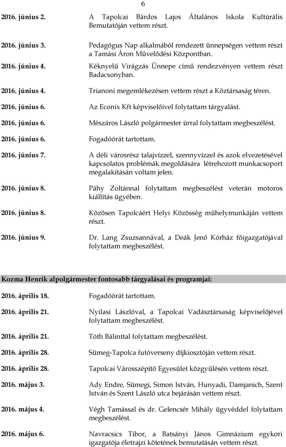 2016. június 6. Az Econix Kft képviselőivel folytattam tárgyalást. 2016. június 6. Mészáros László polgármester úrral folytattam 2016. június 6. Fogadóórát tartottam. 2016. június 7.