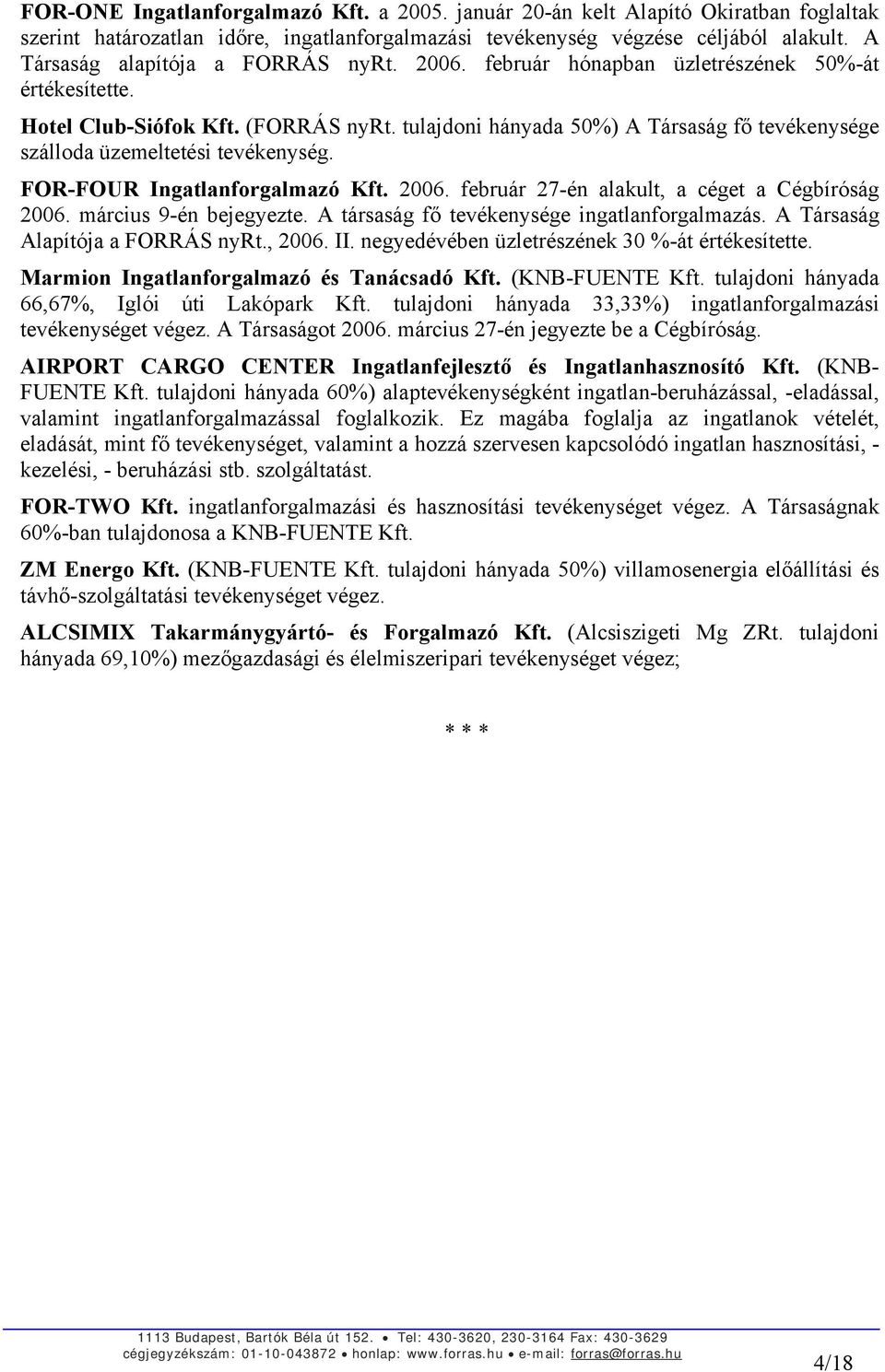 tulajdoni hányada 50%) A Társaság fő tevékenysége szálloda üzemeltetési tevékenység. FOR-FOUR Ingatlanforgalmazó Kft. 2006. február 27-én alakult, a céget a Cégbíróság 2006. március 9-én bejegyezte.