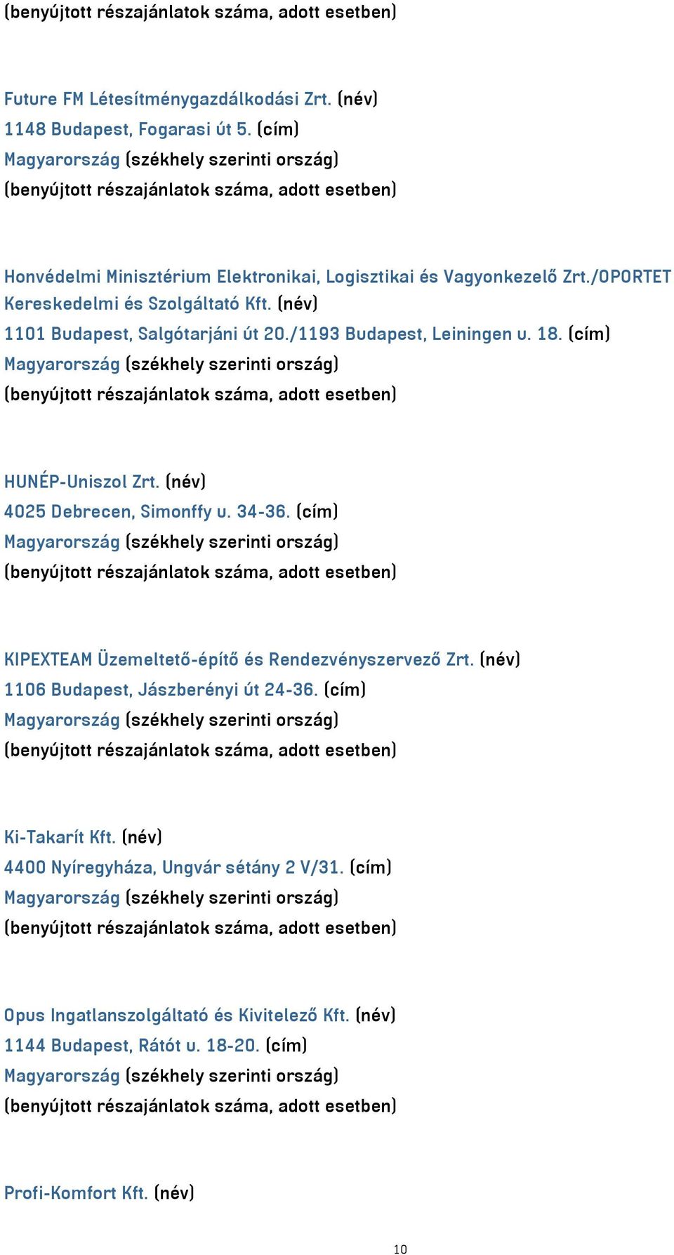 (név) 4025 Debrecen, Simonffy u. 34-36. (cím) KIPEXTEAM Üzemeltető-építő és Rendezvényszervező Zrt. (név) 1106 Budapest, Jászberényi út 24-36.